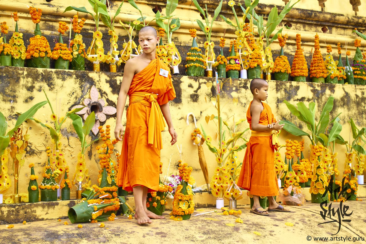 Young monks help elder to collect offering of parishioners during Pha That Luang Festival, Pha That Luang, Vientiane, Laos.