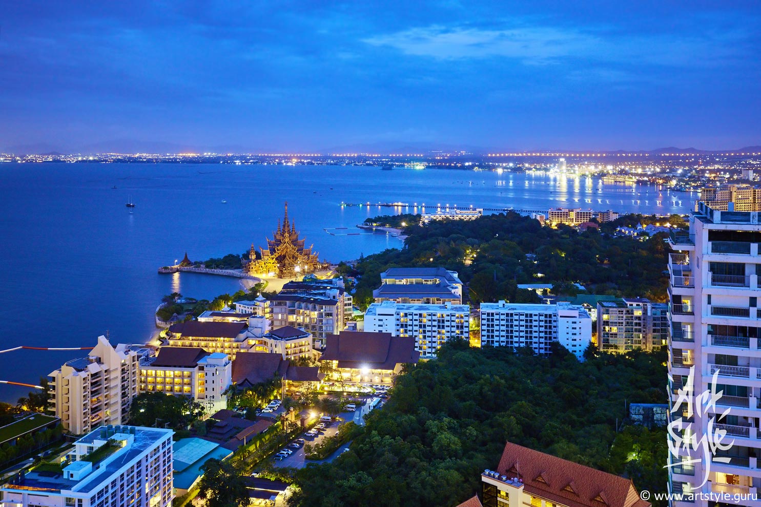 View to the Wongamat beach and the Sanctuary of Truth. Naklua, Pattaya, Thailand.